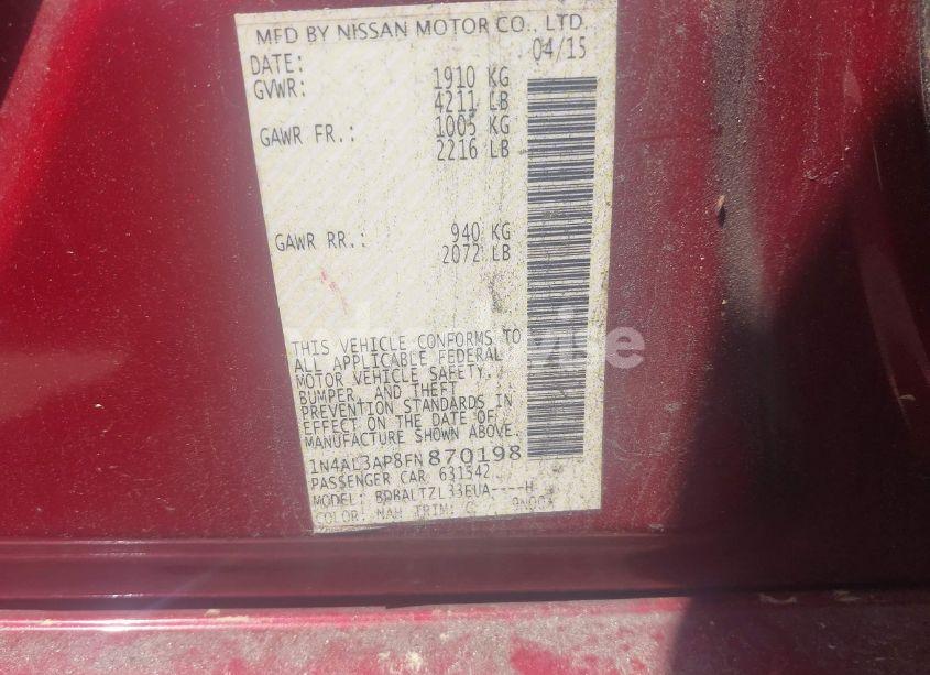 Photo 9 of 2015 Nissan Altima 2.5 SL (VIN 1N4AL3AP8FN870198)