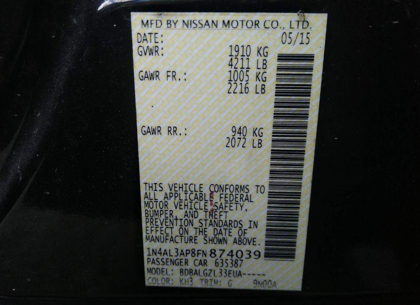 Photo 9 of 2015 Nissan Altima 2.5/2.5 S/2.5 SL/2.5 SV (VIN 1N4AL3AP8FN874039)