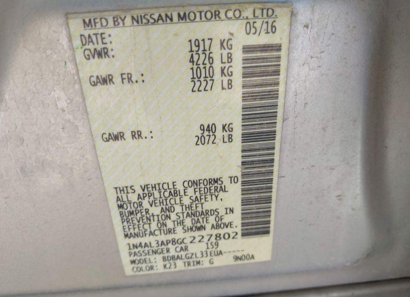 Photo 9 of 2016 Nissan Altima 2.5/2.5 S/2.5 SL/2.5 SR/2.5 SV (VIN 1N4AL3AP8GC227802)