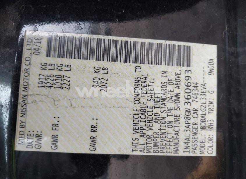 Photo 9 of 2016 Nissan Altima 2.5/2.5 S/2.5 SL/2.5 SR/2.5 SV (VIN 1N4AL3AP8GN360693)