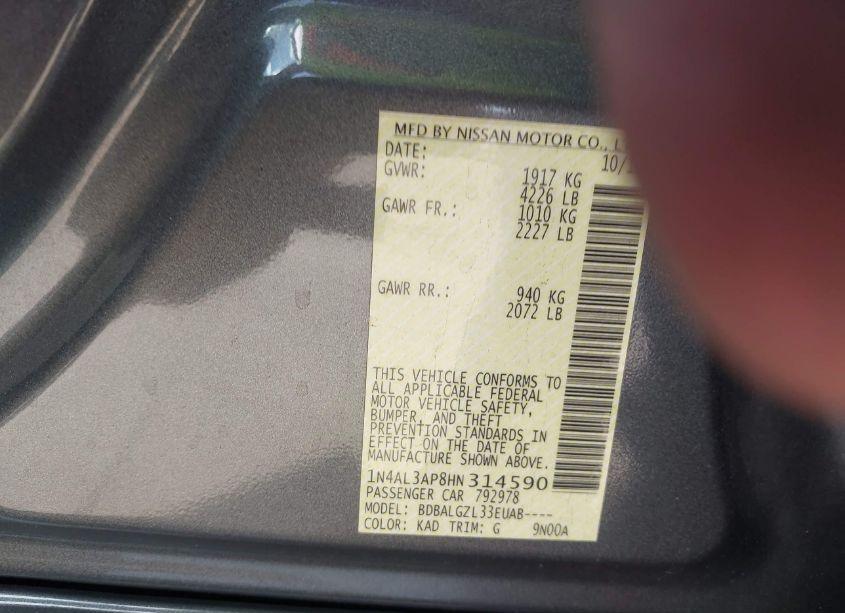 Photo 9 of 2017 Nissan Altima 2.5/2.5 S/2.5 SL/2.5 SR/2.5 SV (VIN 1N4AL3AP8HN314590)