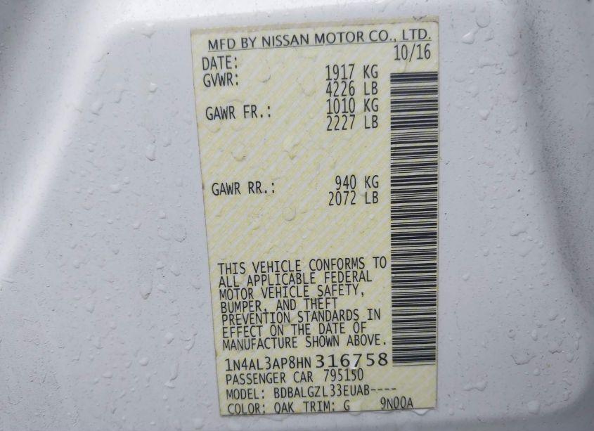 Photo 9 of 2017 Nissan Altima 2.5 S (VIN 1N4AL3AP8HN316758)