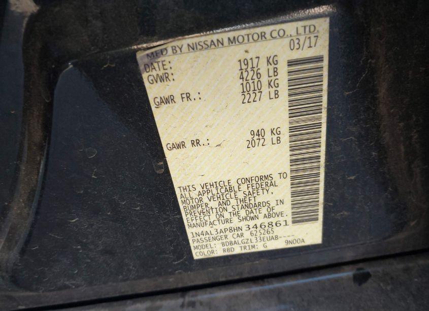 Photo 9 of 2017 Nissan Altima 2.5 S (VIN 1N4AL3AP8HN346861)