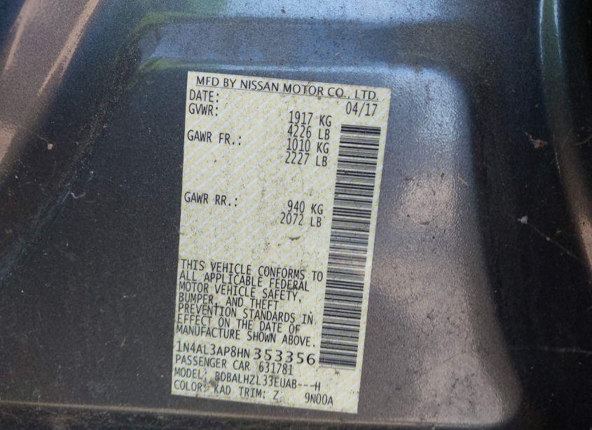Photo 9 of 2017 Nissan Altima 2.5 SR (VIN 1N4AL3AP8HN353356)