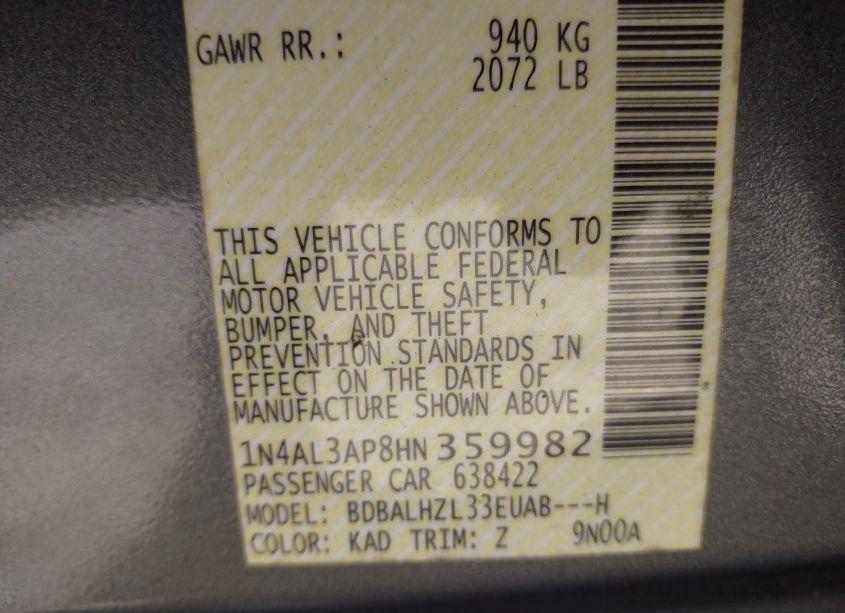 Photo 9 of 2017 Nissan Altima 2.5 SR (VIN 1N4AL3AP8HN359982)