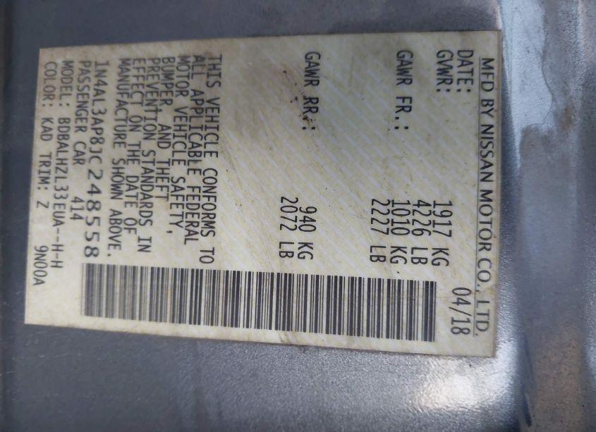 Photo 9 of 2018 Nissan Altima 2.5 SR (VIN 1N4AL3AP8JC248558)