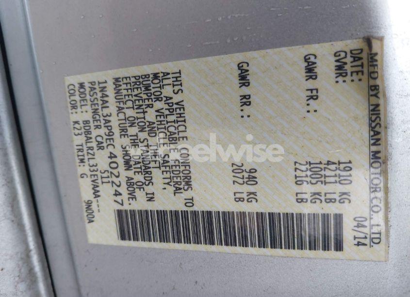 Photo 9 of 2014 Nissan Altima 2.5/2.5 S/2.5 SL/2.5 SV (VIN 1N4AL3AP9EC402247)