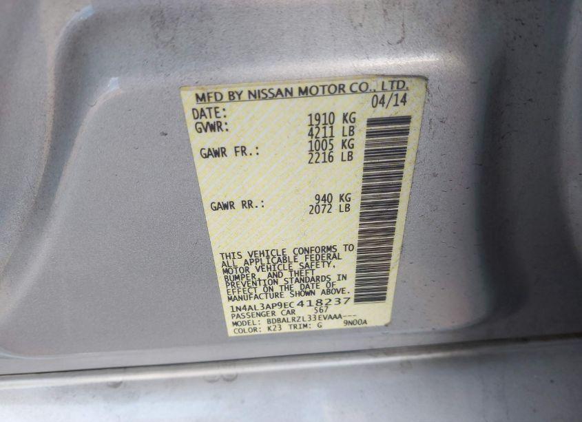 Photo 9 of 2014 Nissan Altima 2.5/2.5 S/2.5 SL/2.5 SV (VIN 1N4AL3AP9EC418237)