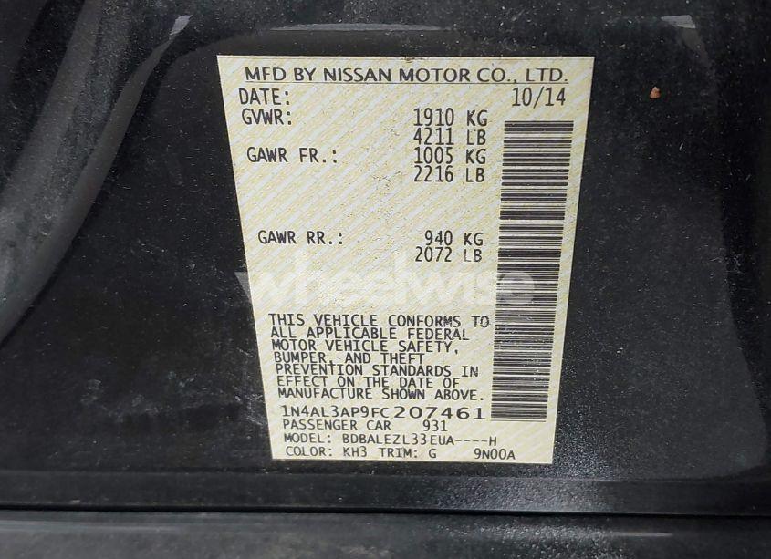 Photo 9 of 2015 Nissan Altima 2.5 S (VIN 1N4AL3AP9FC207461)