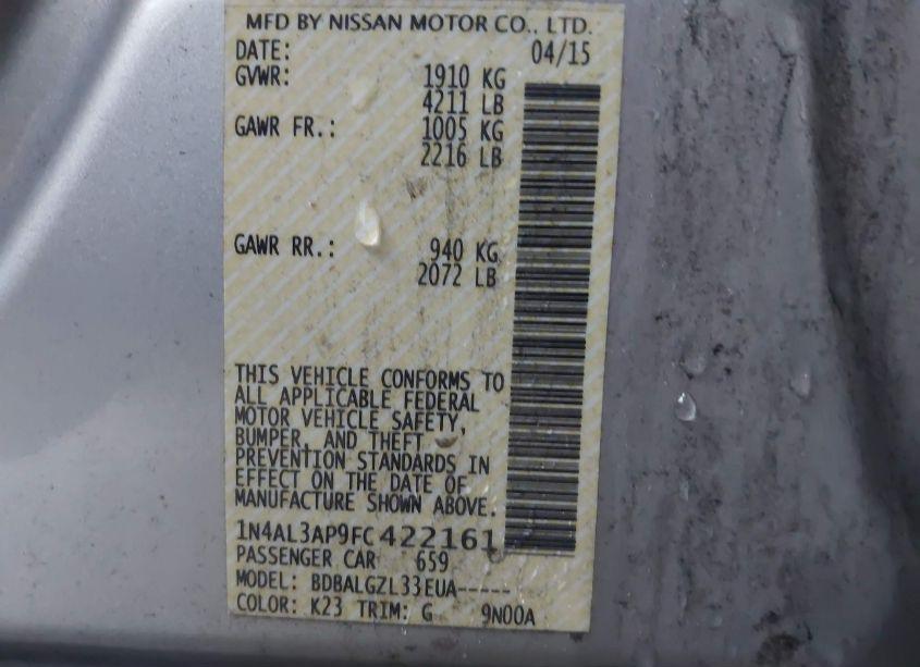 Photo 9 of 2015 Nissan Altima 2.5/2.5 S/2.5 SL/2.5 SV (VIN 1N4AL3AP9FC422161)