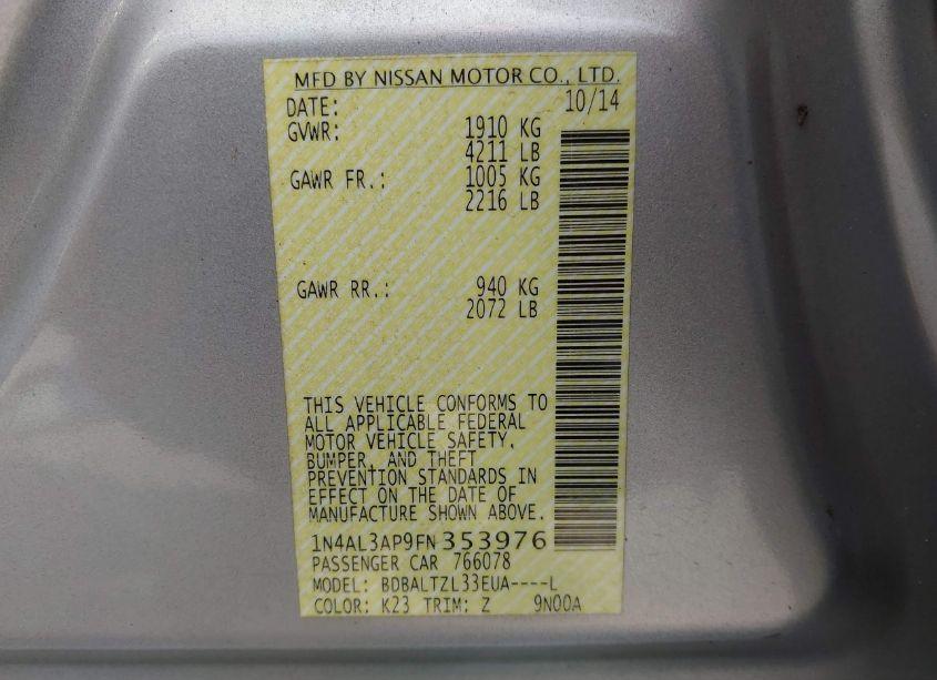 Photo 9 of 2015 Nissan Altima 2.5 SL (VIN 1N4AL3AP9FN353976)