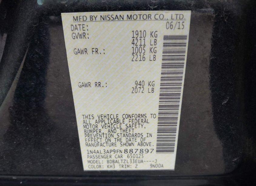 Photo 9 of 2015 Nissan Altima 2.5 SL (VIN 1N4AL3AP9FN887897)