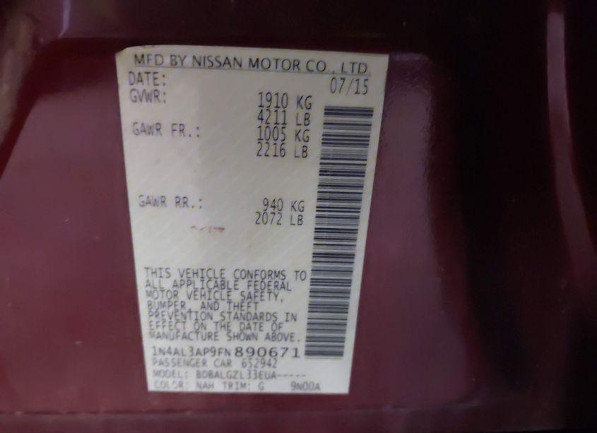 Photo 9 of 2015 Nissan Altima 2.5/2.5 S/2.5 SL/2.5 SV (VIN 1N4AL3AP9FN890671)