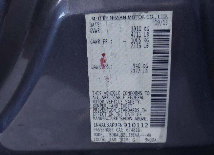 Photo 9 of 2015 Nissan Altima 2.5 S (VIN 1N4AL3AP9FN910112)