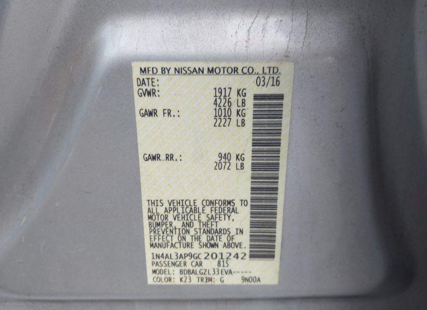 Photo 9 of 2016 Nissan Altima 2.5/2.5 S/2.5 SL/2.5 SR/2.5 SV (VIN 1N4AL3AP9GC201242)