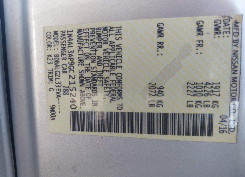 Photo 9 of 2016 Nissan Altima 2.5/2.5 S/2.5 SL/2.5 SR/2.5 SV (VIN 1N4AL3AP9GC215240)