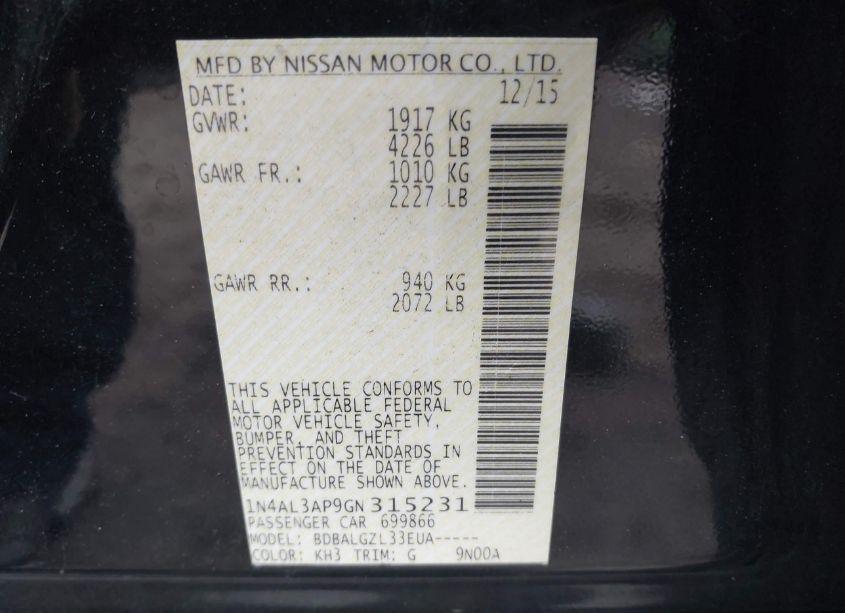 Photo 9 of 2016 Nissan Altima 2.5/2.5 S/2.5 SL/2.5 SR/2.5 SV (VIN 1N4AL3AP9GN315231)