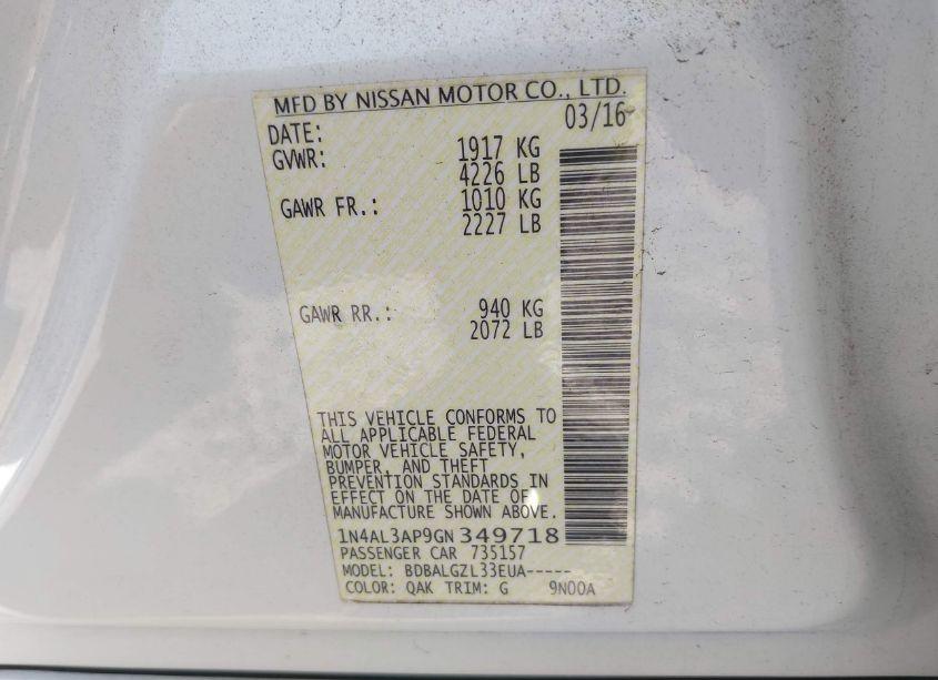 Photo 9 of 2016 Nissan Altima 2.5/2.5 S/2.5 SL/2.5 SR/2.5 SV (VIN 1N4AL3AP9GN349718)