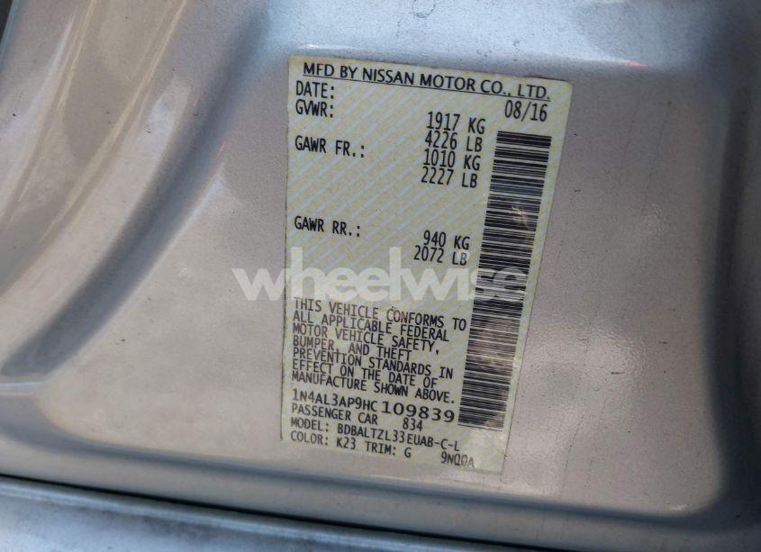 Photo 9 of 2017 Nissan Altima 2.5 SL (VIN 1N4AL3AP9HC109839)