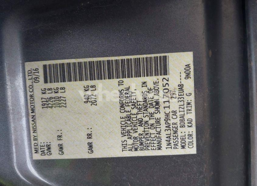 Photo 9 of 2017 Nissan Altima 2.5/2.5 S/2.5 SL/2.5 SR/2.5 SV (VIN 1N4AL3AP9HC117052)