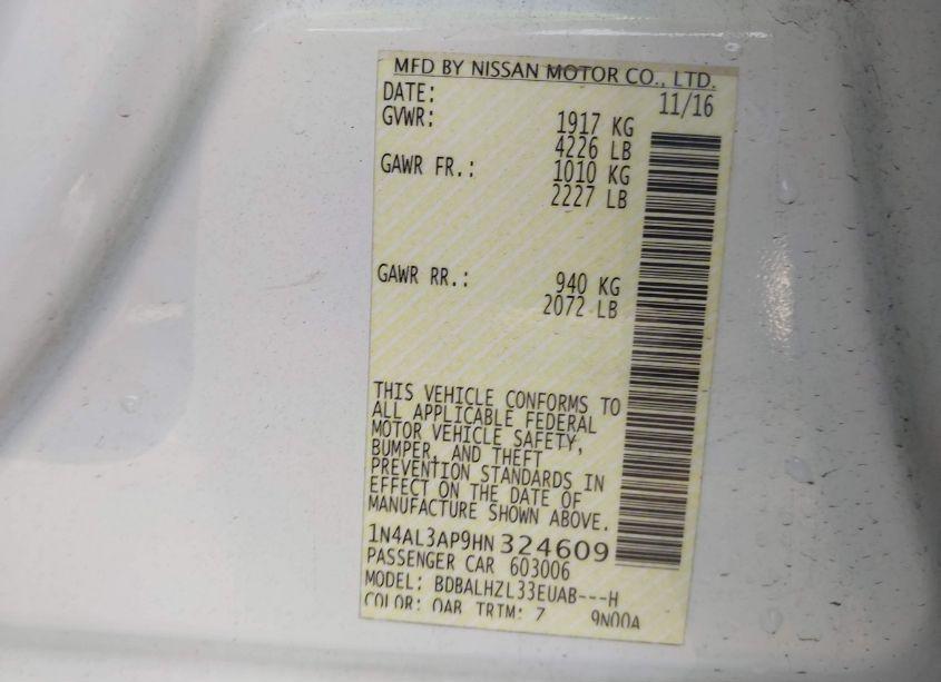 Photo 9 of 2017 Nissan Altima 2.5 SR (VIN 1N4AL3AP9HN324609)