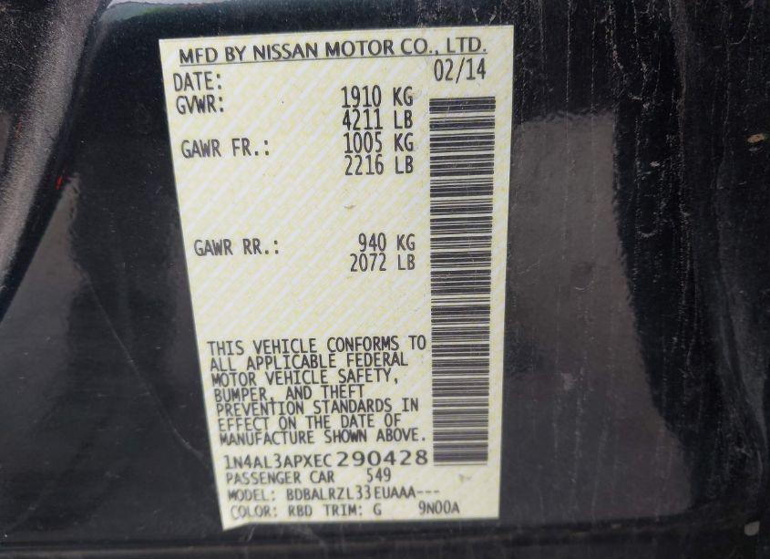 Photo 9 of 2014 Nissan Altima 2.5/2.5 S/2.5 SL/2.5 SV (VIN 1N4AL3APXEC290428)