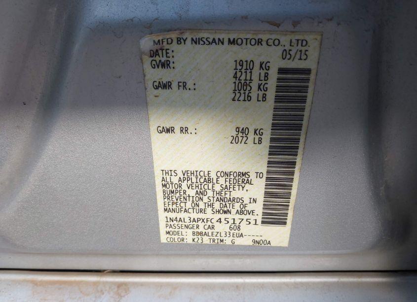 Photo 9 of 2015 Nissan Altima 2.5/2.5 S/2.5 SL/2.5 SV (VIN 1N4AL3APXFC451751)