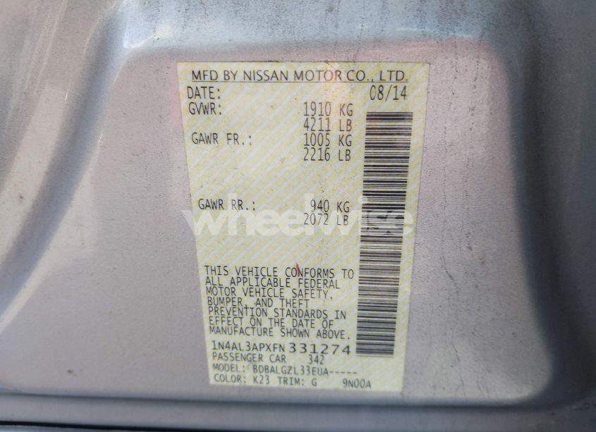 Photo 9 of 2015 Nissan Altima 2.5 SL/2.5 SV/2.5/2.5 S (VIN 1N4AL3APXFN331274)