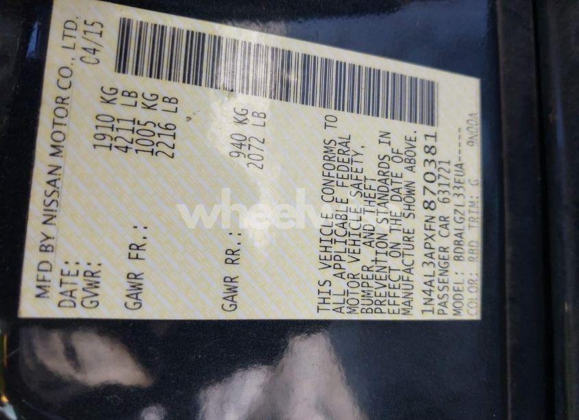 Photo 9 of 2015 Nissan Altima 2.5/2.5 S/2.5 SL/2.5 SV (VIN 1N4AL3APXFN870381)