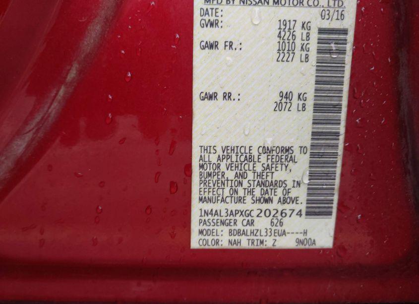 Photo 9 of 2016 Nissan Altima 2.5 SR (VIN 1N4AL3APXGC202674)