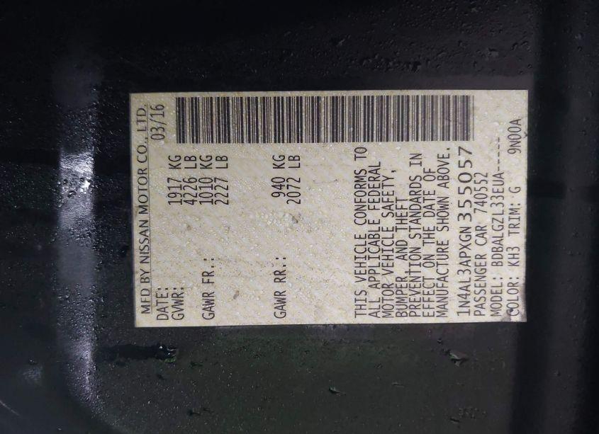 Photo 9 of 2016 Nissan Altima 2.5/2.5 S/2.5 SL/2.5 SR/2.5 SV (VIN 1N4AL3APXGN355057)