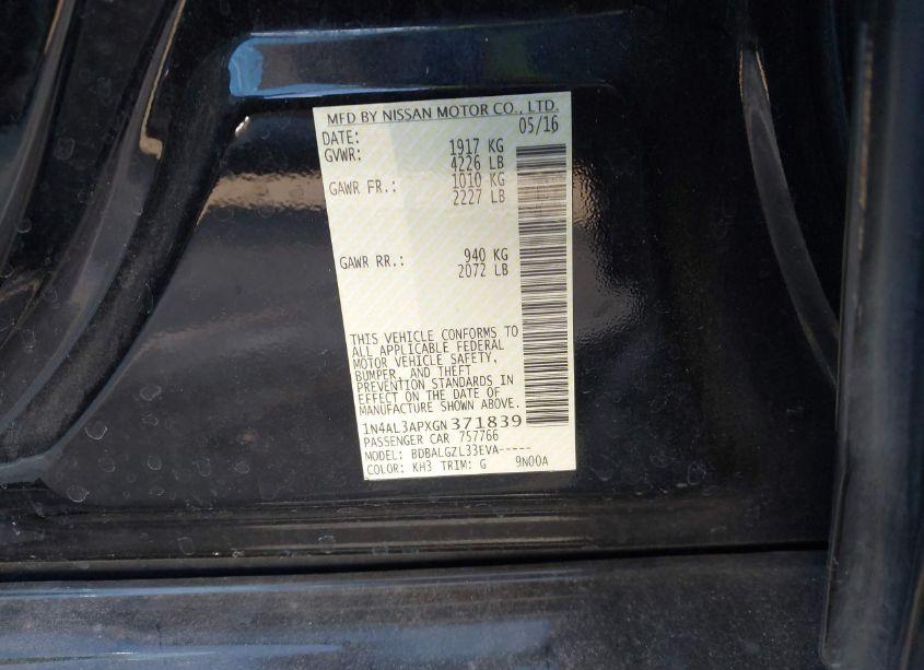 Photo 9 of 2016 Nissan Altima 2.5/2.5 S/2.5 SL/2.5 SR/2.5 SV (VIN 1N4AL3APXGN371839)