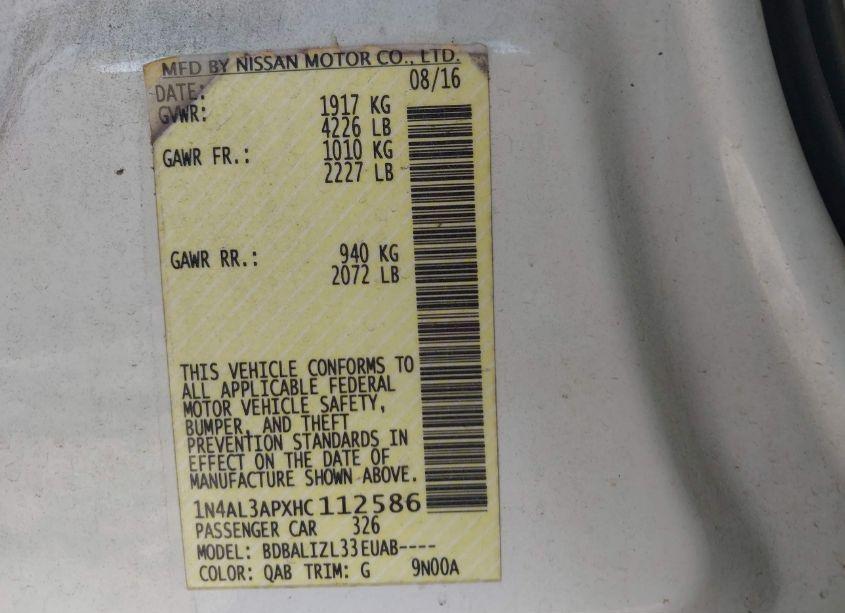 Photo 9 of 2017 Nissan Altima 2.5/2.5 S/2.5 SL/2.5 SR/2.5 SV (VIN 1N4AL3APXHC112586)