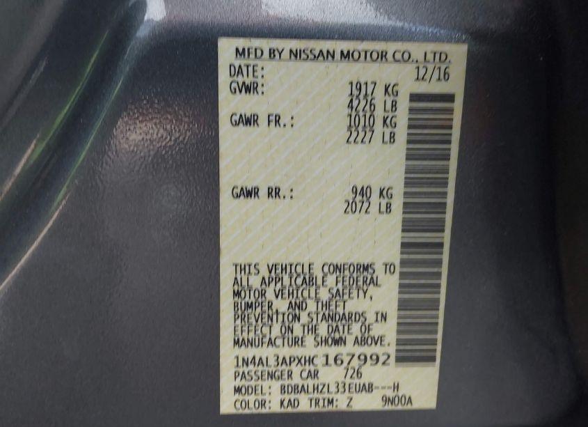 Photo 9 of 2017 Nissan Altima 2.5 SR (VIN 1N4AL3APXHC167992)