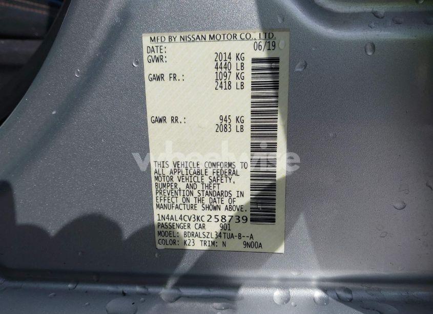 Photo 9 of 2019 Nissan Altima 2.0 SR (VIN 1N4AL4CV3KC258739)