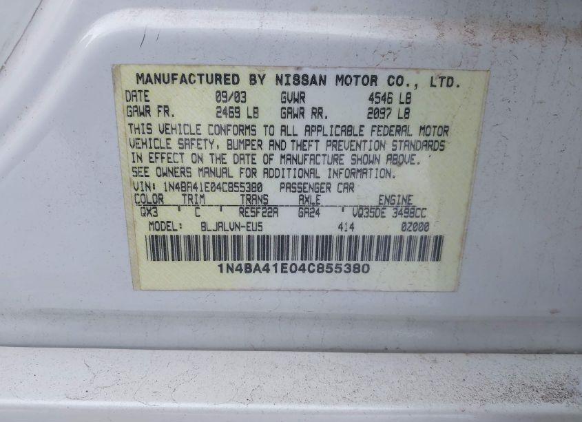 Photo 9 of 2004 Nissan Maxima 3.5 SE (VIN 1N4BA41E04C855380)