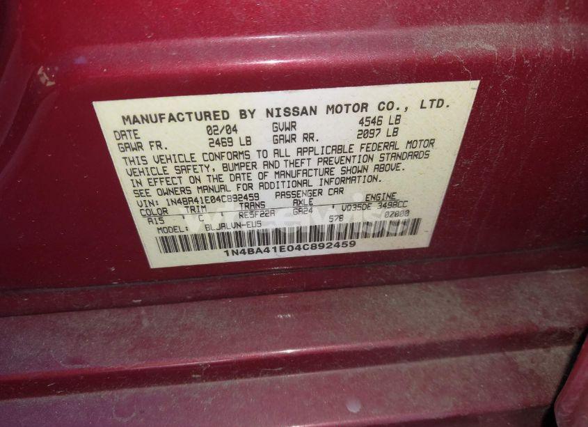 Photo 9 of 2004 Nissan Maxima 3.5 SE (VIN 1N4BA41E04C892459)