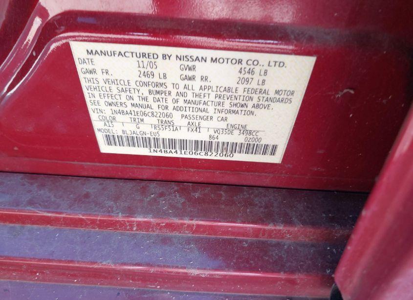 Photo 9 of 2006 Nissan Maxima 3.5 SL (VIN 1N4BA41E06C822060)