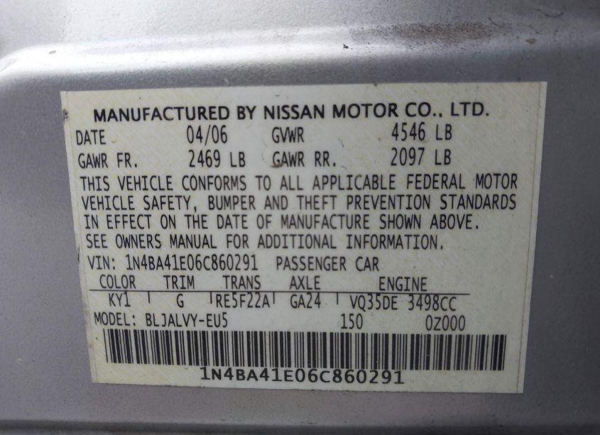 Photo 9 of 2006 Nissan Maxima 3.5 SE (VIN 1N4BA41E06C860291)