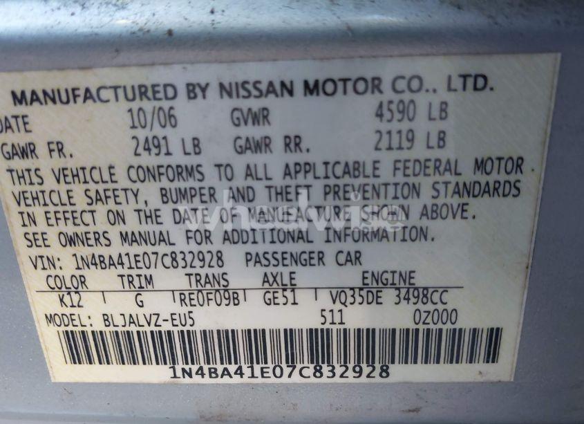 Photo 9 of 2007 Nissan Maxima 3.5 SE (VIN 1N4BA41E07C832928)