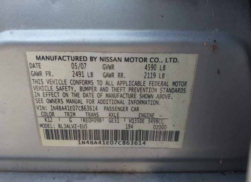 Photo 9 of 2007 Nissan Maxima 3.5 SE (VIN 1N4BA41E07C863614)