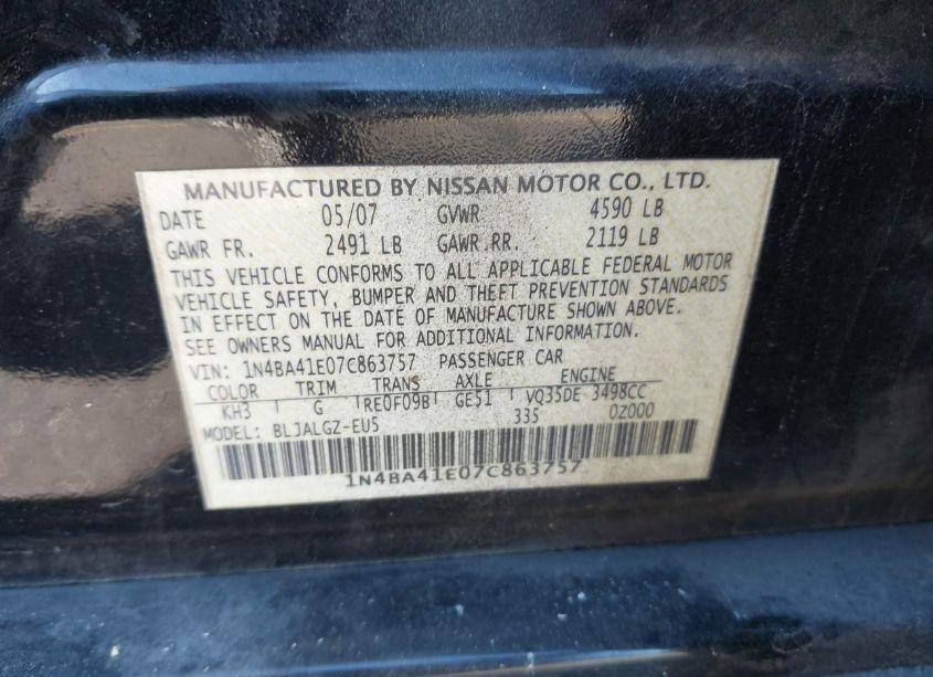 Photo 9 of 2007 Nissan Maxima 3.5 SL (VIN 1N4BA41E07C863757)