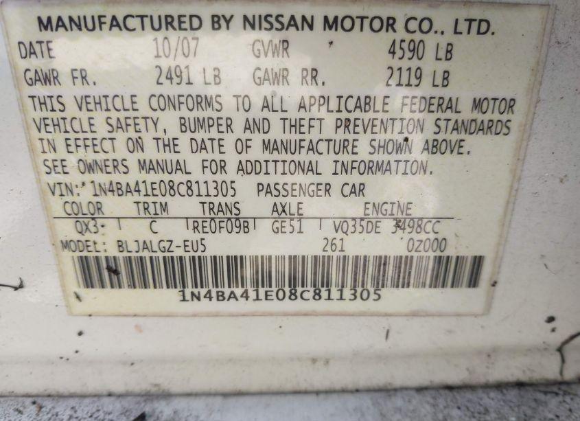 Photo 9 of 2008 Nissan Maxima 3.5 SL (VIN 1N4BA41E08C811305)