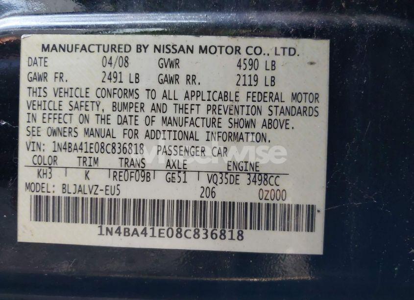 Photo 9 of 2008 Nissan Maxima 3.5 SE (VIN 1N4BA41E08C836818)