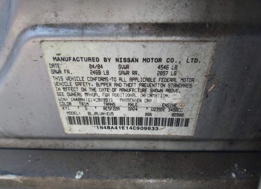 Photo 9 of 2004 Nissan Maxima 3.5 SL (VIN 1N4BA41E14C909933)