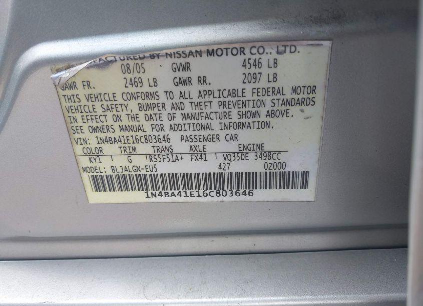 Photo 9 of 2006 Nissan Maxima 3.5 SL (VIN 1N4BA41E16C803646)