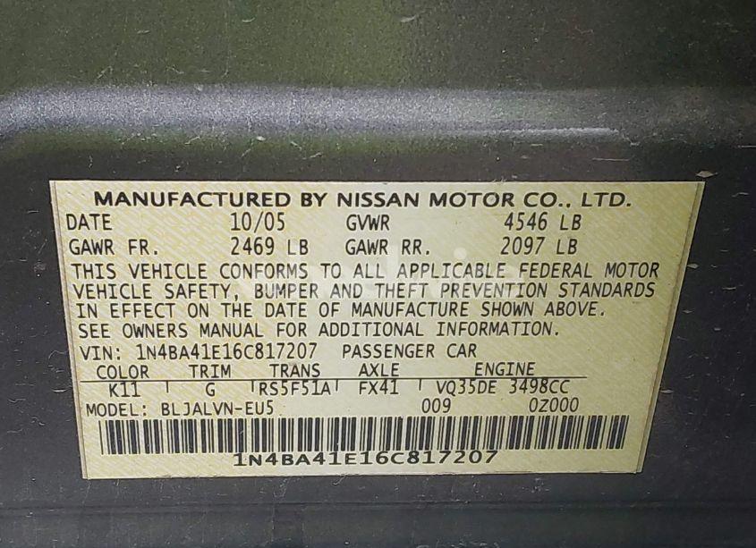 Photo 9 of 2006 Nissan Maxima 3.5 SE (VIN 1N4BA41E16C817207)