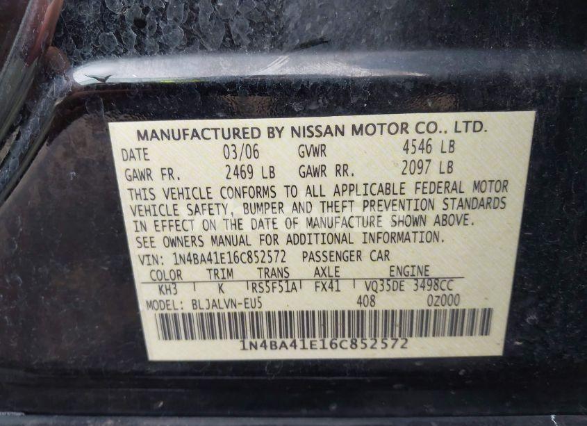 Photo 9 of 2006 Nissan Maxima 3.5 SE (VIN 1N4BA41E16C852572)