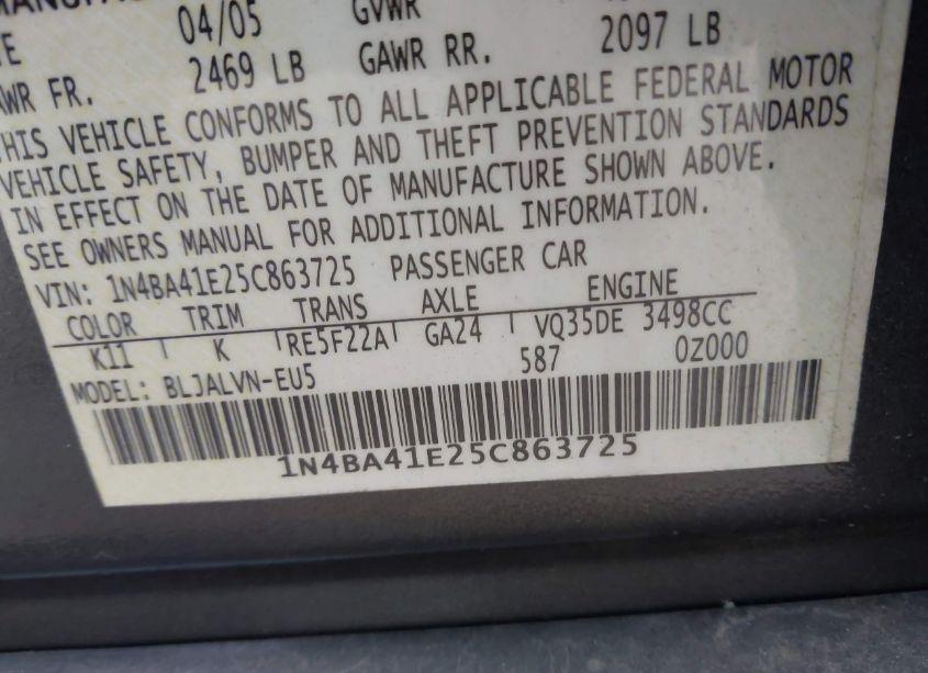 Photo 9 of 2005 Nissan Maxima 3.5 SE (VIN 1N4BA41E25C863725)