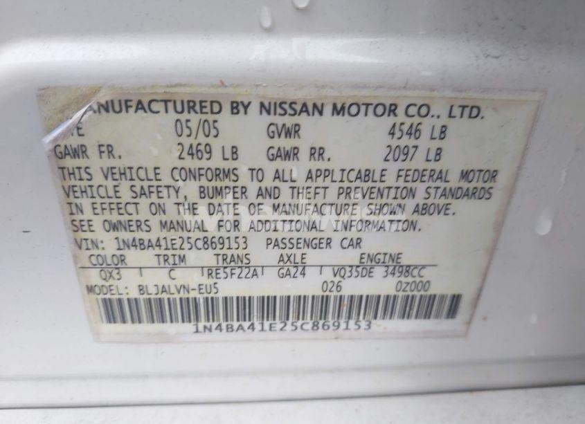 Photo 9 of 2005 Nissan Maxima 3.5 SL (VIN 1N4BA41E25C869153)